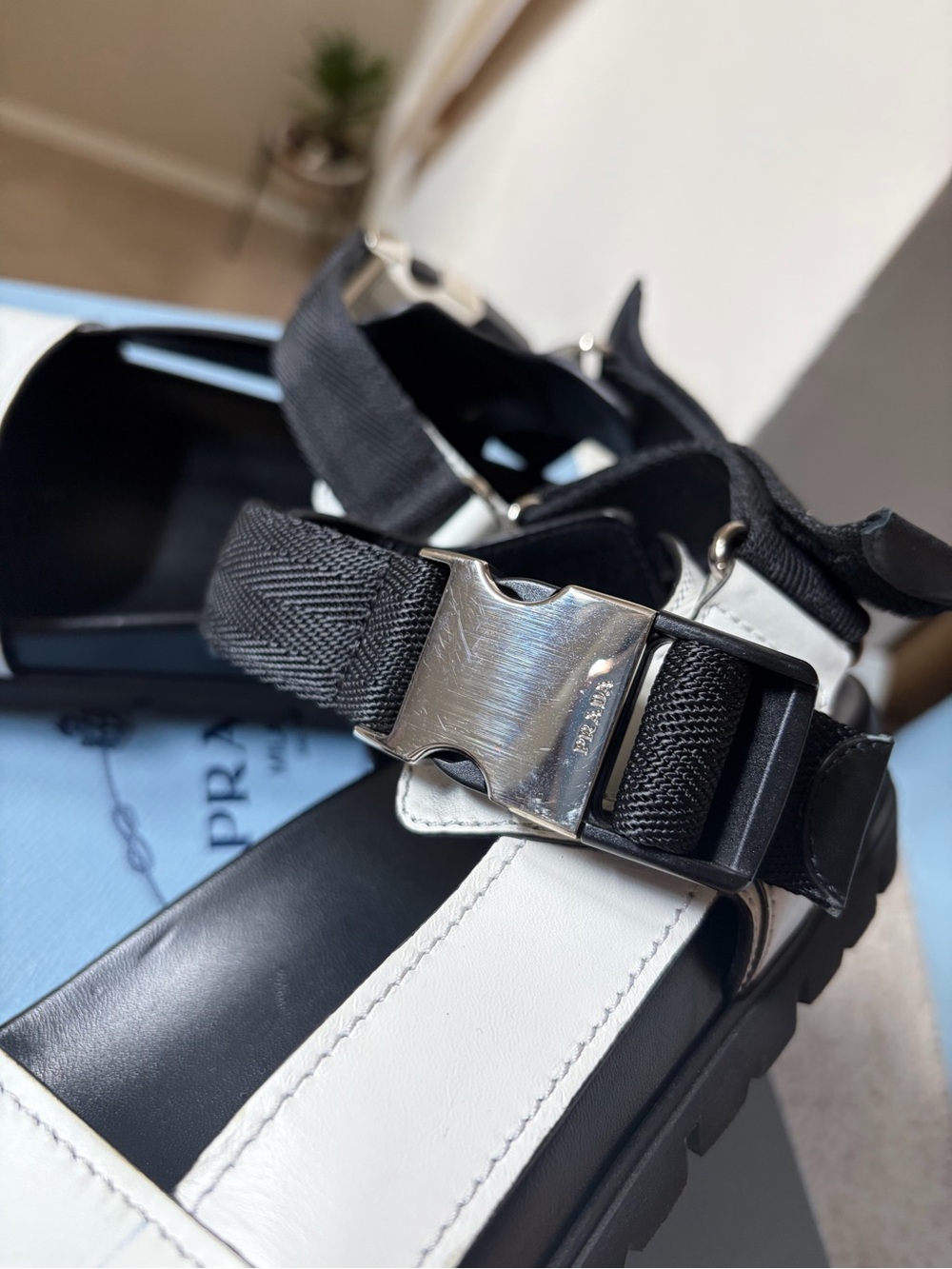 Prada Black and White Platform Sandals with Silver Hardware - Picture 7 of 16